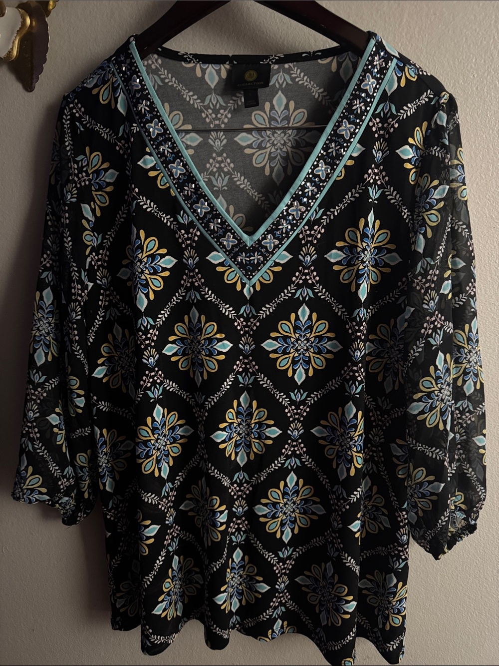 JM Collection Black Floral Medallion V-Neck Tunic with Teal Trim